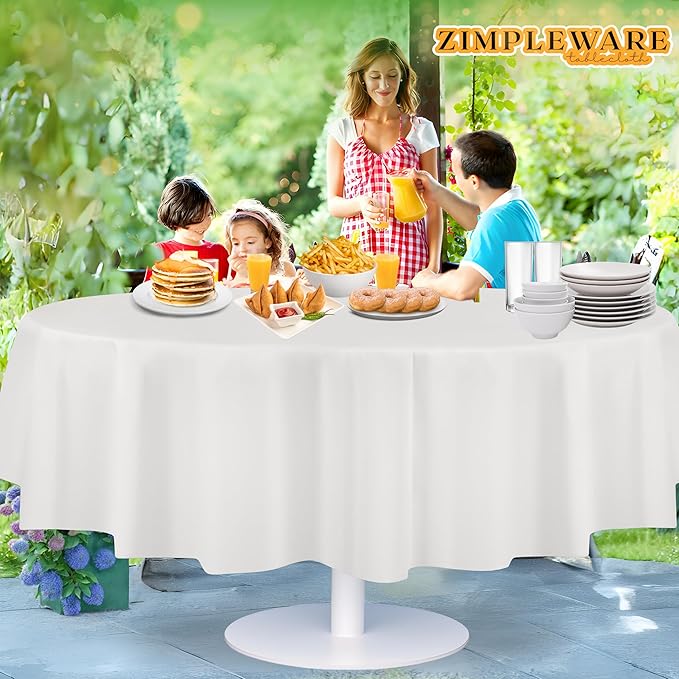 ZIMPLEWARE Premium White Plastic Table Cloth Disposable (12 Pack) Round Tablecloth (84in) Party Table Cloths Disposable, Perfect Table Cloth Round Cover for Any Table Up to 6 Feet