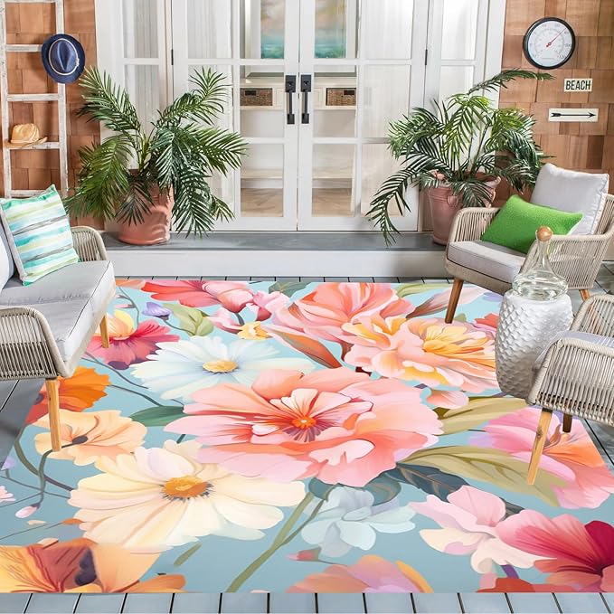 Outdoor Flower Rug with Anti Slip Backing Vibrant Waterproof 3x8 Area Rugs for Patio Deck Balcony Camping Garden Porch Large Floral Outside Carpet Peach Pink Blue Aesthetic Thick Mat