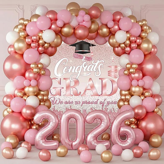 Pink Graduation Balloon Arch Kit 2026 with Rose Gold Balloons, Grad Backdrop, 2026 Foil Balloons for Prom Girl's High School College Graduation Party Decorations