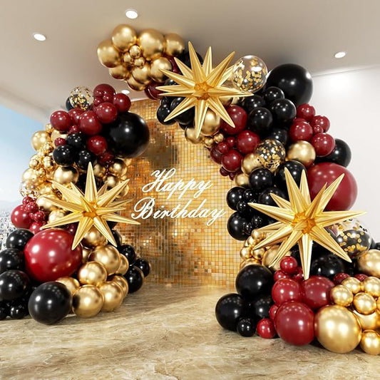 Burgundy Balloon Garland Arch Kit 162Pcs with Star, Burgundy Maroon Black Gold Balloon Arch Kit for 2026 Graduation Bridal Shower Prom Birthday Anniversary Bridal Shower Party Decor