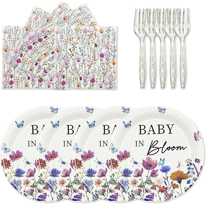 72PCS Baby in Bloom Paper Plates and Napkins - 7 Inch Paper Plates and 6.5 Inch Napkins with 6.3 Inch Forks Disposable Tableware Set for Baby Shower Party Decorations