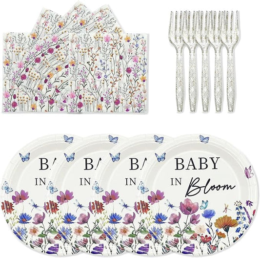 72PCS Baby in Bloom Paper Plates and Napkins - 7 Inch Paper Plates and 6.5 Inch Napkins with 6.3 Inch Forks Disposable Tableware Set for Baby Shower Party Decorations