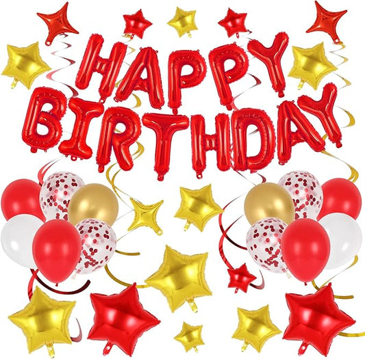 55 Pcs Happy Birthday Balloons Letters Banner with 35 Pcs Star Foil Balloon, 20 Pcs Latex Balloons, 6 Hanging Swirls for Women Men Boys Girls Birthday Party Decorations Set ﻿ (Red)