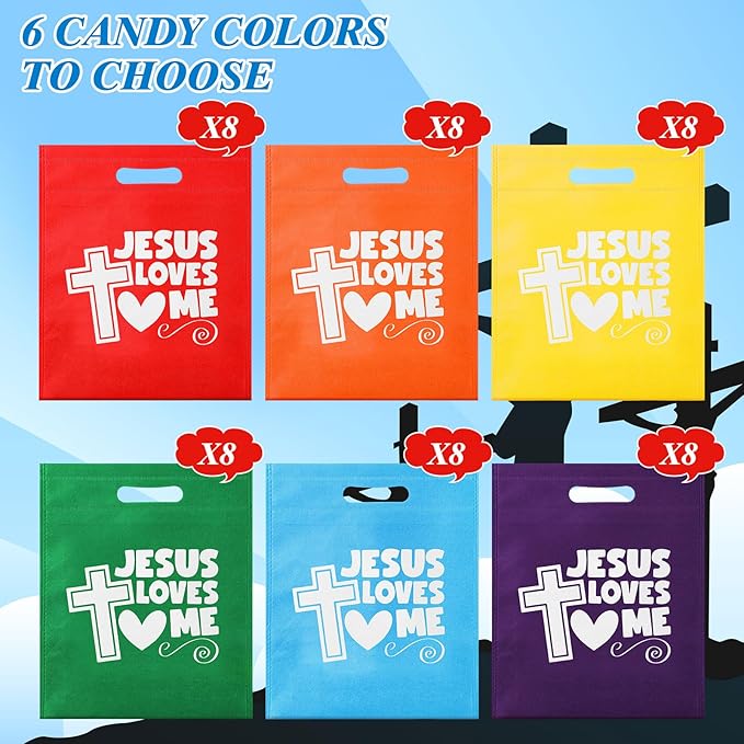 Wesnoy 48 Pcs First Communion Jesus Loves Me Gift Bags Bulk Religious Christian Church Cross Goodie Snack Treat Candy Rainbow Bags Non Woven for Baptism Party Favors