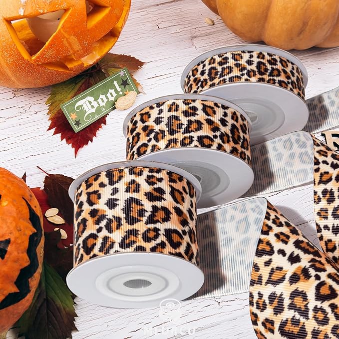 Leopard Print Ribbon Set 3 Rolls Animal Print Grosgrain Ribbons in 5/8", 7/8", 1.5", Stylish Jungle Safari Patterned Ribbon for Gift Wrapping, DIY Crafts, Hair Bows, Party Decor