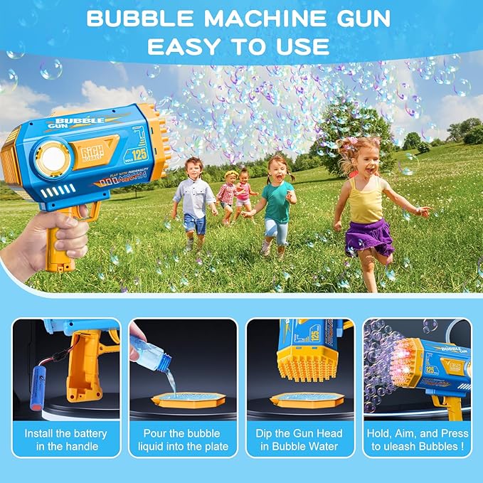 Deserthome Bubble Gun, 125 Holes Bubble Machine with Lights, Bubble Guns for Kids Ages 4-8 Year Old, Big Bubble Gun Blaster for Wedding, Easter Outdoor Toy Birthday Bubble Maker Party Favors (Blue)