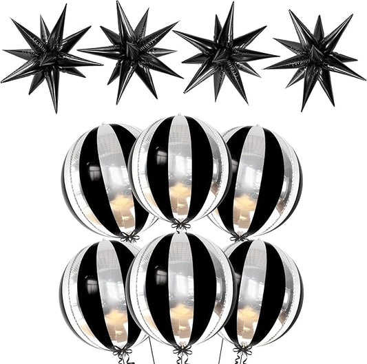 KatchOn, Big, 22 Inch Black and Silver Balloons - Pack of 6 | Black Spike Balloons - 20 Inch, Pack of 50 | 4D Stripe Black Silver Balloons | Halloween Balloons, Black and Silver Party Decorations