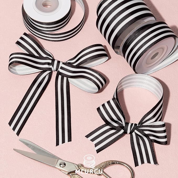 Black and White Striped Ribbon 3 Rolls Grosgrain Ribbon 5/8", 7/8", 1.5", Stripe Fabric Ribbon for Crafts, Gift Wrapping, Wreaths, Bow Making, DIY Banners, Party and Holiday Decor