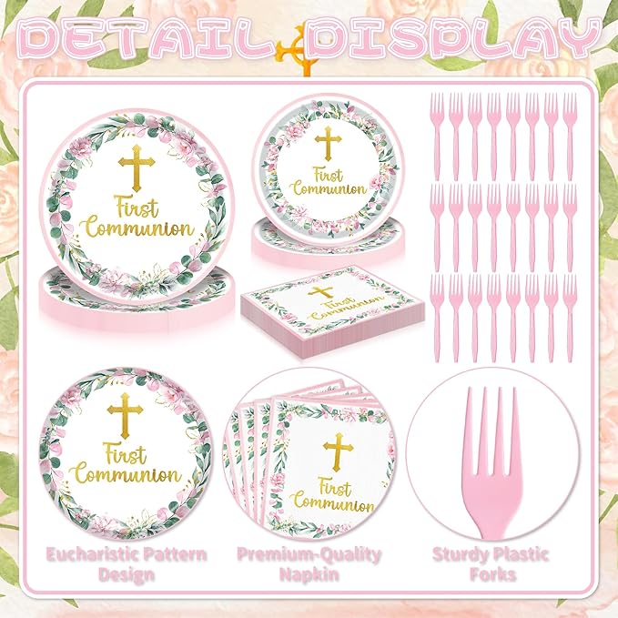 96 Pieces First Communion Floral Tableware Set – Pink Floral Cross Disposable Plates, Napkins for First Communion Party, Christening, Baptism, and Religious Celebrations – Serves 24 Guests