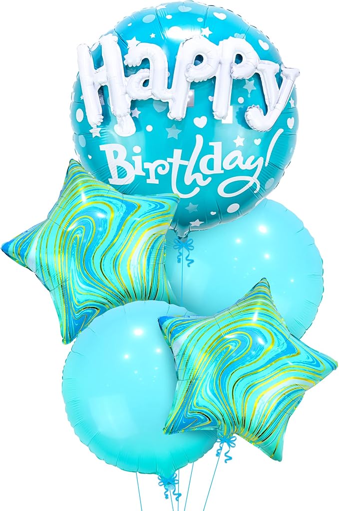 KatchOn, Blue Happy Birthday Balloon Set - 23 Inch, Large, Pack of 5 | Sea Turtle Birthday Decorations, Blue Sea Turtle Balloons | Teal Happy Birthday Balloons for Turtle Themed Birthday Decorations