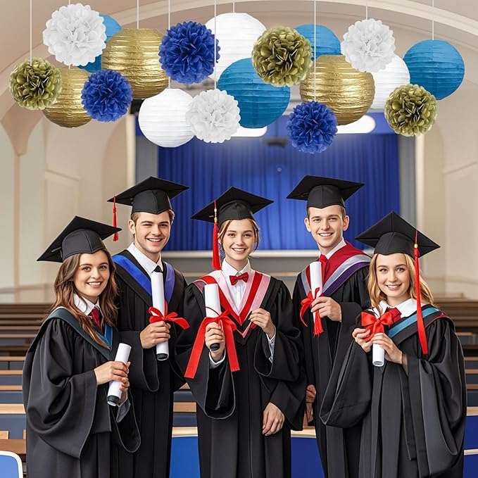 18 PCS Blue White Gold Paper Lanterns & Tissue Paper Pom Poms for Men's Birthday, Graduation 2026, Wedding, Hanging Paper Party Decoration Set for Indoor Outdoor Events Theme Party Supplies