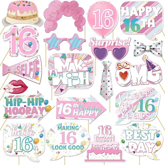 20 Pcs Girl 16th Birthday Photo Booth Props Kit, Pink Sweet 16 Birthday Party Selfie Decorations, Girl Teen's 16th Bday Party Photography Supplies