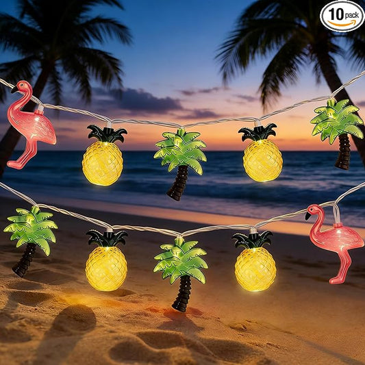 8.5FT Hawaiian Tropical String Lights 10LED Plug in Fairy Lights – Flamingo Pineapple Palm Tree, Waterproof Connectable Outdoor Lights for Luau Party Beach Pool Patio Indoor Summer Decor, UL Listed