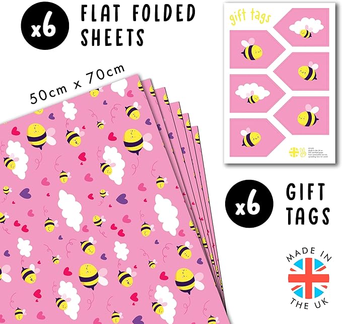 CENTRAL 23 Pink Wrapping Paper - 6 Sheets Of Gift Wrap - Bumble Bee And Heart Design - Girls Wrapping Paper For Birthday Baby Shower Valentine's Day - Recyclable