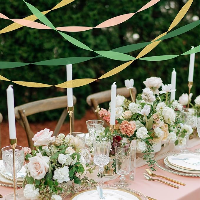 8 Rolls Crepe Paper Streamers, Green, Gold and Peach Pink Streamers Party Decorations for Wedding Bridal Shower Baby Shower Birthday Christmas Party