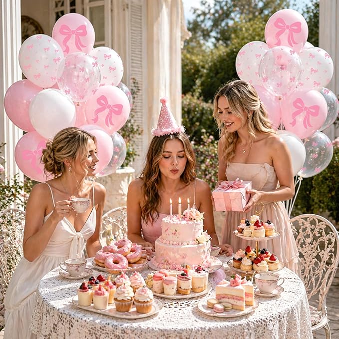 60pcs Pink Bow Balloons 12inch, Pink White Clear Bow Balloons for Coquette Baby Shower Bridal Shower Birthady Party Decorations