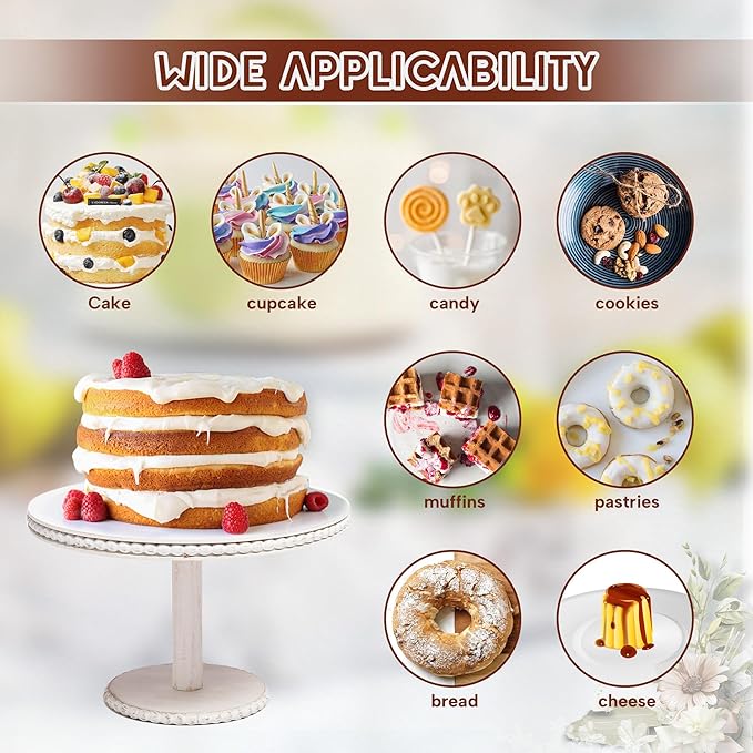 GENMOUS 8", 10", 12" Rustic Farmhouse Cake Stand, Decorative Wooden Beaded Cake and Cupcake Stand Combo for Birthday Party Decor, 3 Tiered Dessert Table Display Set for Wedding, Baby Shower, White