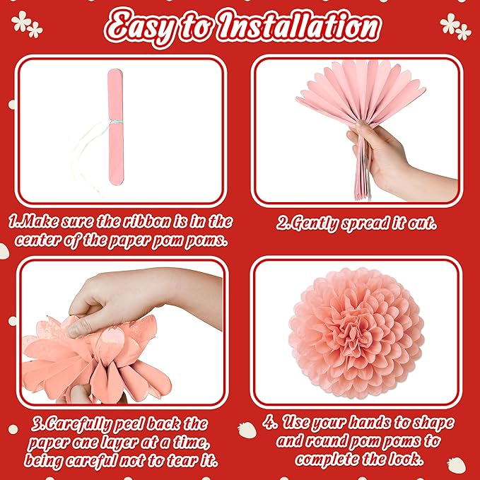 26pcs Strawberry Birthday Party Decorations – Red Pink White Paper Fans, Tissue Pom Poms for Berry Sweet Girl 1st , Baby Shower, Shortcake Theme Supplies