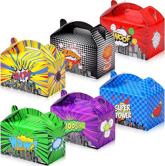 Teling 24 Pcs Hero Party Favor Boxes Treat Boxes Hero Action Sign Box Cartoons Gift Box Cardboard Goodie Snack Candy Bags for Kids Girl Boy Birthday Party Baby Shower Supplies Decorations