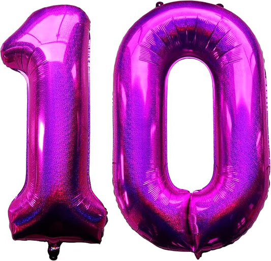 Laser Hot Pink Number 10 Balloons 40 Inch Giant Number Pink 10 Foil Mylar Balloons for 10th Birthday Anniversary Events Party Decorations