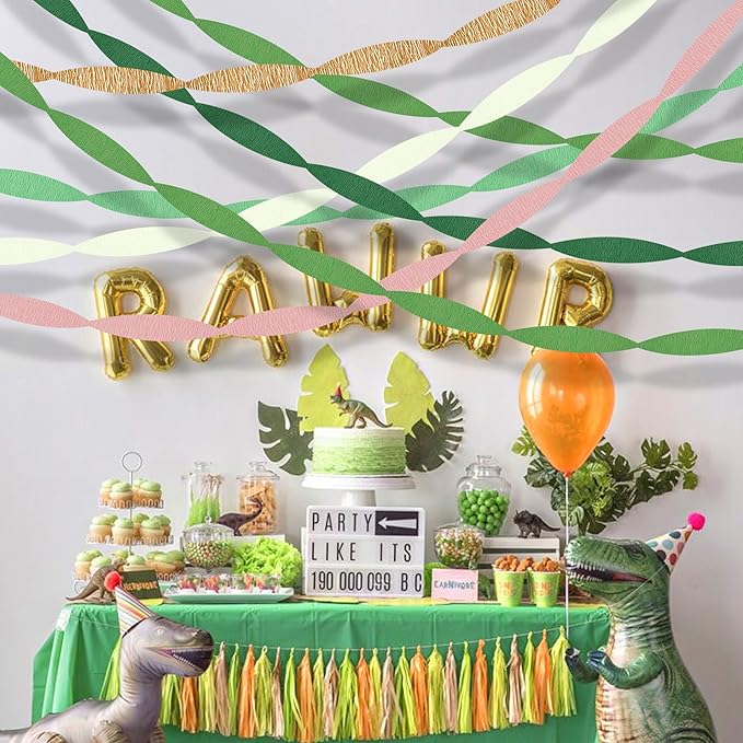 Streamers Party Decorations, 6 Rolls Sage Green Gold Pink Crepe Paper Streamers for Birthday Bachelorette Engagement Baby Shower Wedding Bridal Shower Woodland Jungle Shrek Safari Party Supplies