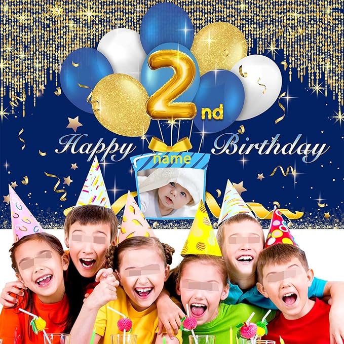 Dicodes Custom Navy Blue and Silver Theme Birthday Banner for Party Happy Birthday Backdrop Decoration Personalized with Name and Photo