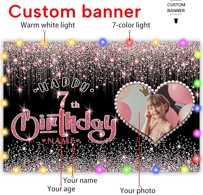Dicodes Customizable Rose Gold Happy Birthday Decoration Banner - Personalization Large Sizes Photo Background - Supports Custom Photos and Names