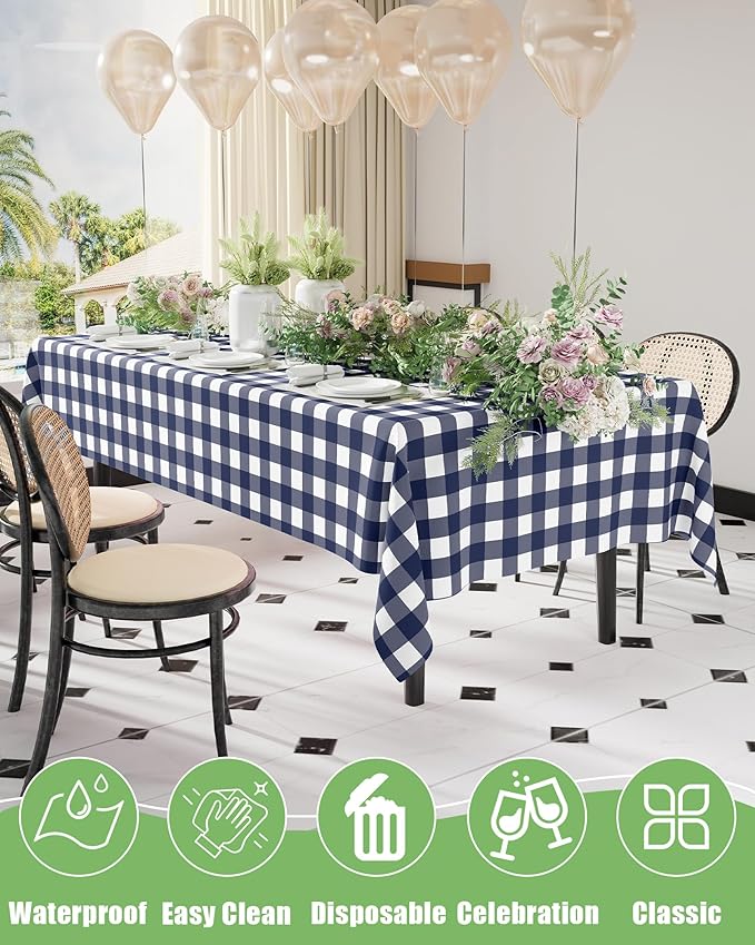 Smiry 8 Packs Gingham Disposable Table Cloth, 54 x 108 Inch Waterproof Plastic Tablecloth, Rectangle Navy and White Checkered Table Covers for Picnic, Birthday, Party