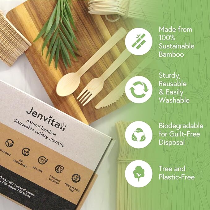 100% Bamboo Cutlery Set - 500 Biodegradable Utensils (300 Forks, 100 Knives, 100 Spoons) - Reusable or Disposable Bamboo Flatware | Compostable FSC Certified Utensils for Weddings & Parties
