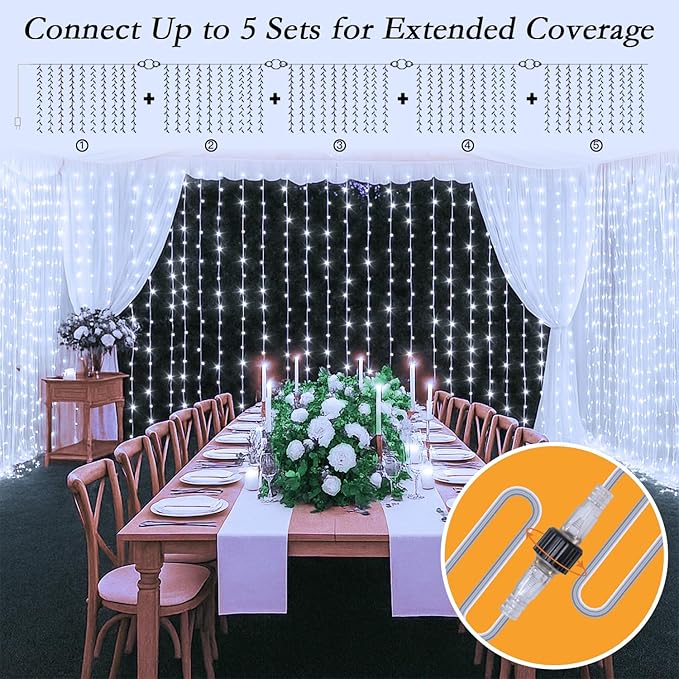 300 LED Curtain String Lights 9.8 * 9.8FT Plug in Fairy Lights with Timer and 8 Modes, Waterproof Window Wall Lights for Bedroom Wedding Party Indoor Outdoor Christmas Decor