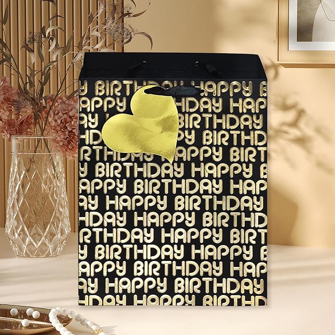 suosicn 6 Pack Black Birthday Gift Bags with Handles and 8 Pcs Tissue Paper, Assorted Sizes Metallic Letters Gift Bags for Birthday,Anniversary and Any Occasions