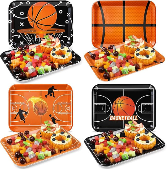 4 Pieces Basketball Serving Trays - Sports Melamine Platters Reusable Rectangle Party Trays for Basketball Sports Theme Party Food Dessert Serving Supplies, 13 x 9.7 inch
