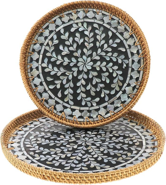 Round Rattan Tray with Mother of Pearl Inlay, Handwoven Wicker Coffee Table Serving Basket Tray for Fruit Snack Party Picnic Cafe Bedroom Kitchen Home Decor Set of 2 (Black Willow)