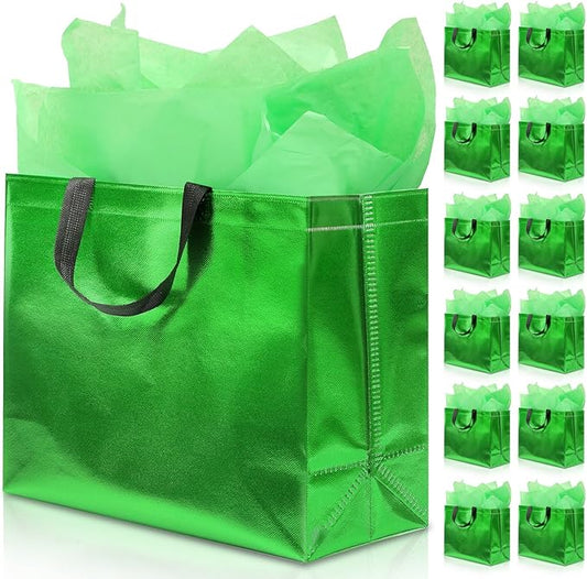KeerxunBag 12Pcs Reusable Gift Bags（Includes Tissue Paper） Gift bag with handle Birthdays Parties Holidays Weddings Medium 13x5x11in Green Gift Bags