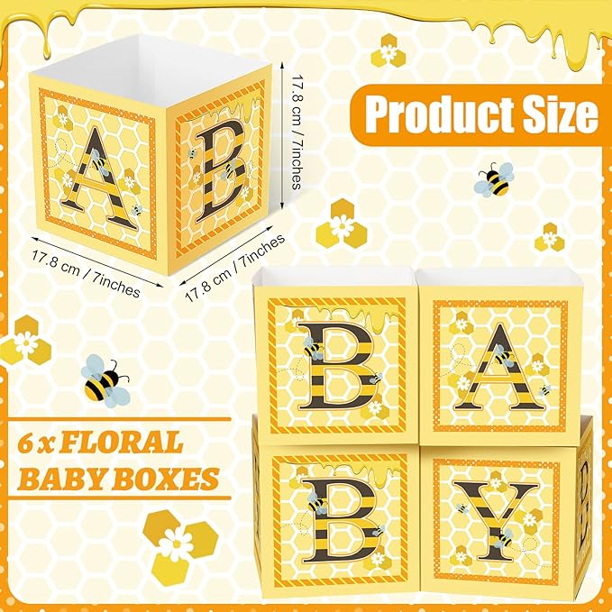 Bucherry 6 Pcs Baby Shower Centerpieces with Letters, 7" Baby Blocks Flower Boxes for Table Decorations, Gender Reveal Party Supplies & Photo Props(Yellow,Honey)