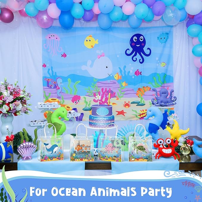 Aliceset 20 Pcs Under the Sea Party Clear Favor Bags with Handles Sea Party Candy Treat Bags Marine Ocean Animals Theme Goodies for Birthday Baby Shower Supplies Candy Snack Wrapping