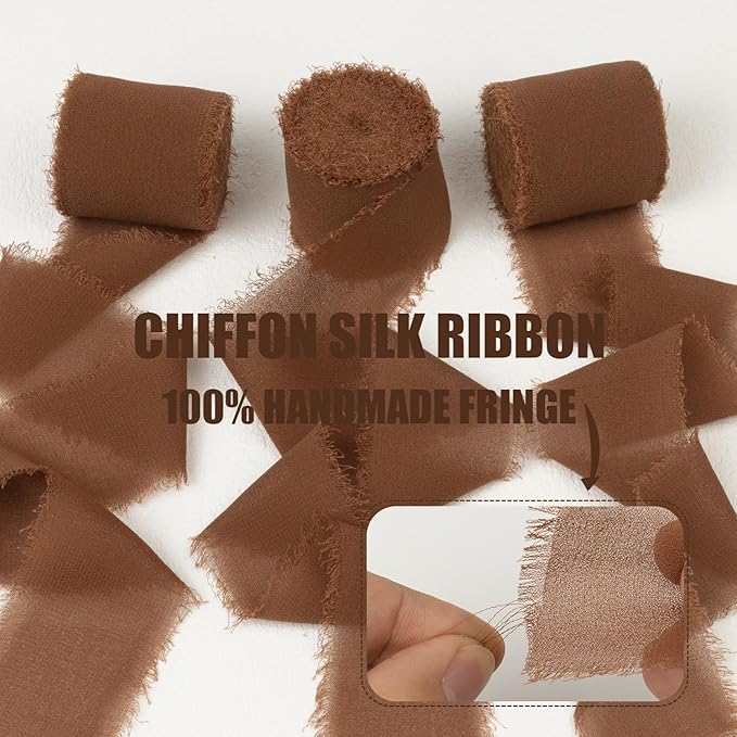 Brown Chiffon Ribbon - 1-1/2 Inch x 21 Yards, Handmade Fringe, Silk, Boho Frayed, Dark Brown, Gift Wrapping, Wedding Invitation, Bridal Flower Bouquets