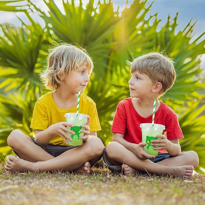 Whaline 50 Pcs Frog Disposable Plastic Cups with Lids and Straws Cute Green Frog Party Cups Cold Beverage Drinking Cups for Baby Shower Birthday Party Supplies