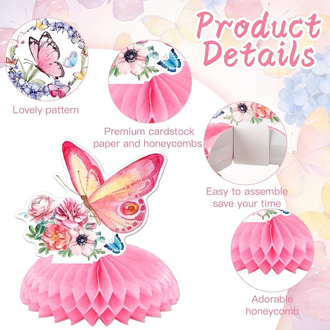 Butterfly Party Decorations Honeycomb Centerpieces, 9Pcs Butterflies Honeycomb Table Centerpieces Set, 3D Honeycombs Table Centerpiece for Baby Shower Butterfly Spring Birthday Party Decor Supplies