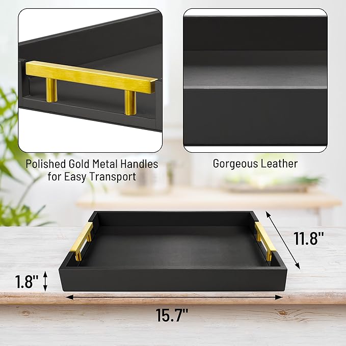 ATZYmolin Leather Serving Tray with Gold Polished Metal Handles, Home Decorative Wooden Rectangle Ottoman Decor Platter Bathroom Vanity Tray for All Occasions Black
