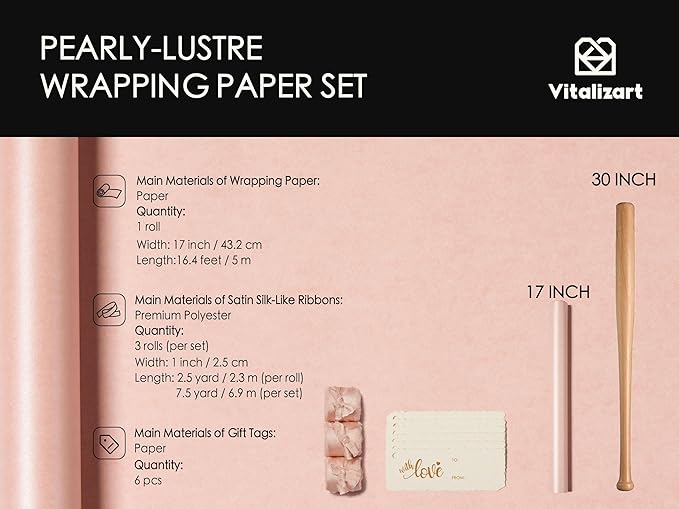 Vitalizart Pink Wrapping Paper Set 17" Pearly-Lustre With Silk Like Satin Ribbon & Gift Tags Recyclable Christmas Gift Wrapping Birthday Baby Shower Wedding Handmade Crafts 197"(16.4 Ft)