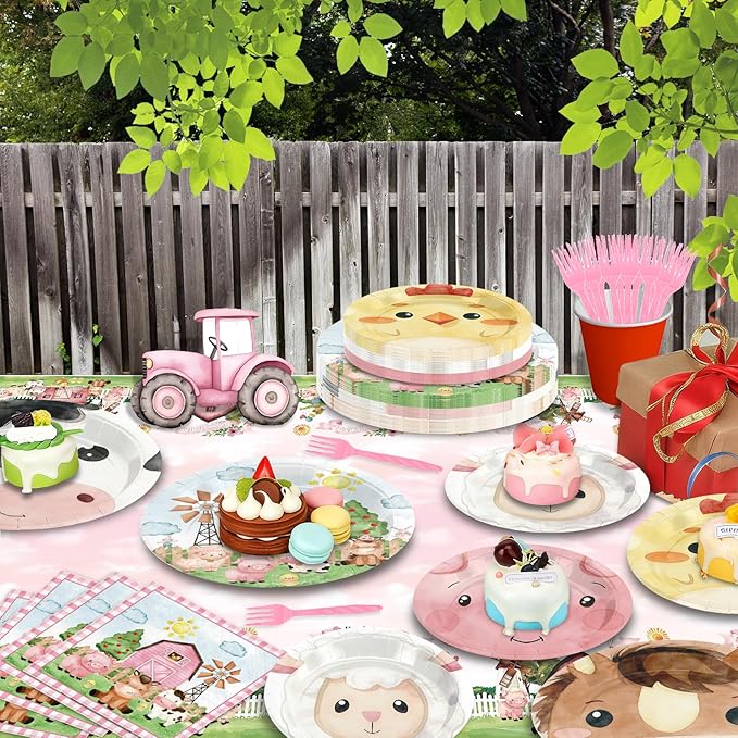 Farm Animals Party Supplies for 36 Guests, 146PCS Disposable Party Tableware Set with Paper Plates, Napkins, Forks and Tablecloths for Kids Birthday Party and Baby Shower