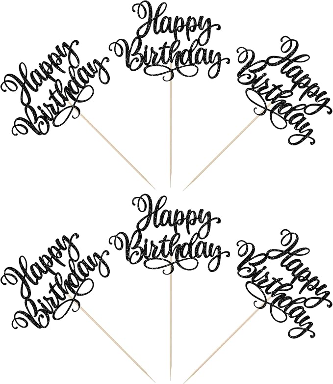 12 PCS Happy Birthday Centerpieces Sticks Double Sided Glitter Birthday Party Decorations Anniversary Table Flower Centerpiece for Celebrating Birthday Party Centerpieces Supplies Black