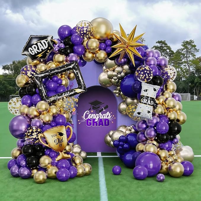 141Pcs Purple Gold Black Graduation Balloon Garland Arch Kit,with Explosion Star,Diploma,Trophy,Grad Hat,Photo Frame Foil Balloon for Congrats Class of 2026 Graduates Celebration Party Decoration