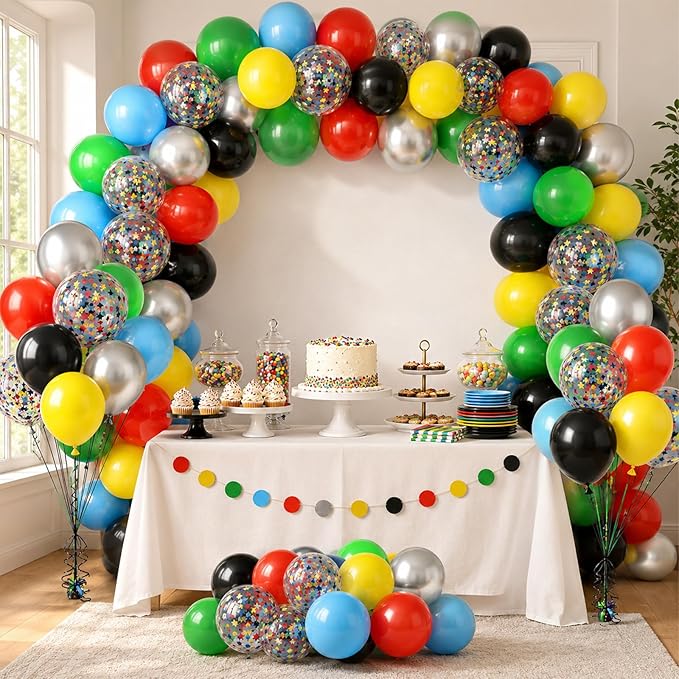 Multicolor Balloons, 60Pcs Red Yellow Blue Balloon, 12 Inch Latex Colorful Metallic Silver Green Black Red Blue Yellow Confetti Balloons Helium for Baby Shower Kids Birthday Wedding Party Decorations
