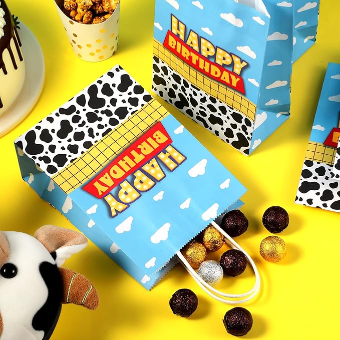 16 Pcs Cartoon Story Party Favor Bags, Cow Pattern Goodie Treat Bags, Blue Sky White Cloud Kraft Paper Candy Gift Bags With Handle for Kids Birthday Party Decorations