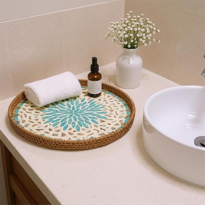 Round Rattan Tray with Mother of Pearl Inlay, Handwoven Wicker Coffee Table Serving Basket Tray for Fruit Snack Party Picnic Cafe Bedroom Kitchen Home Decor Set of 2 (Blue Star)