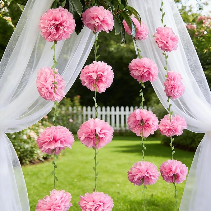 2PCS Pink Tissue Paper Pom Pom Garlands, Pink Party Decorations Tissue Paper Flowers Pom Pom with Green Leaves for Wedding Bridal Shower Party Decor