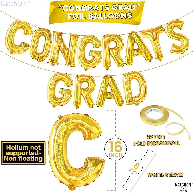 Graduation Decorations 2026 | Gold Congrats Grad Balloons - 16 Inch | Congrats Grad Banner For Graduation Decorations 2026 | Congratulations Banner | Gold Graduation Balloons, KatchOn