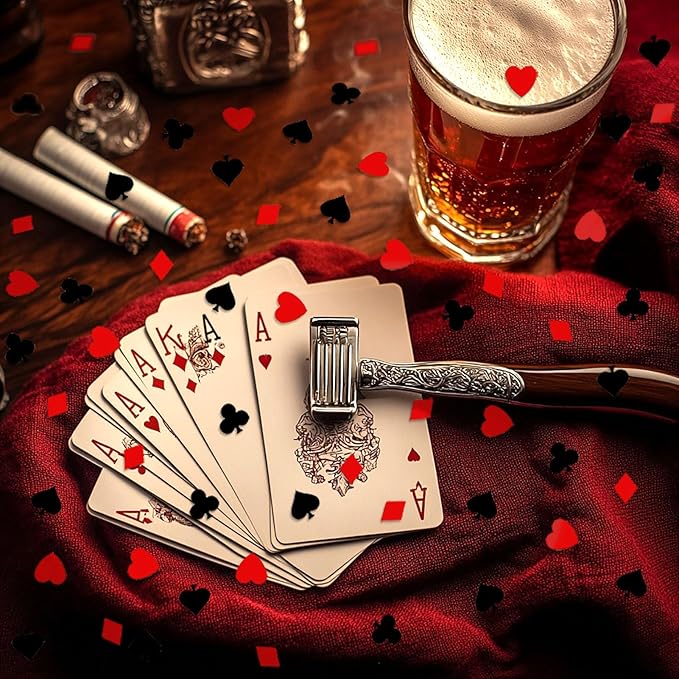 Werich Casino Party Confetti Metallic Foil Poker Card Suit Table Scatter – Red & Black Hearts, Spades, Clubs, Diamonds – Casino Theme Decorations for Poker Night, Las Vegas, Birthday, Wedding.